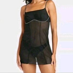 Auden Women's Sheer Rhinestone Lingerie Chemise Slip Dress in Black Mesh